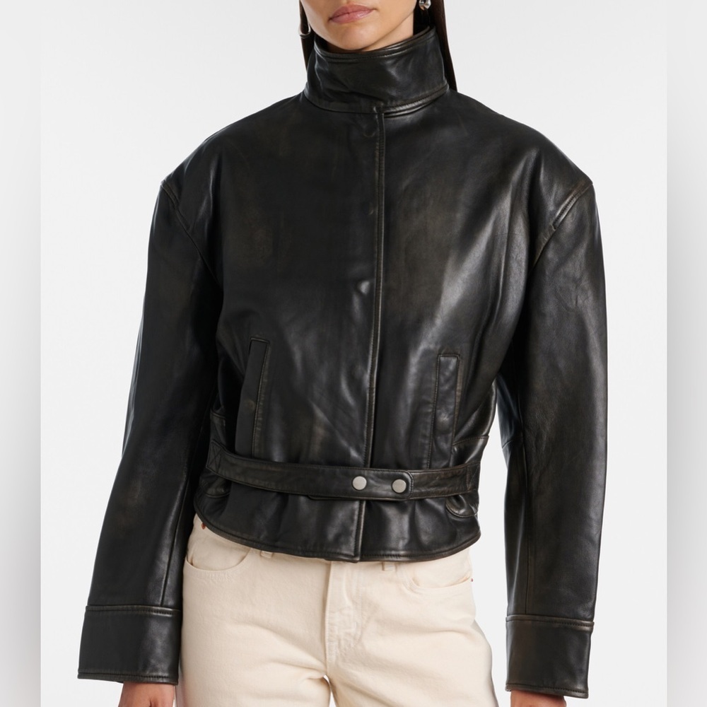 NWT Christopher Esber Eddie Burnished Leather Funnel Neck Leather Jacket Black